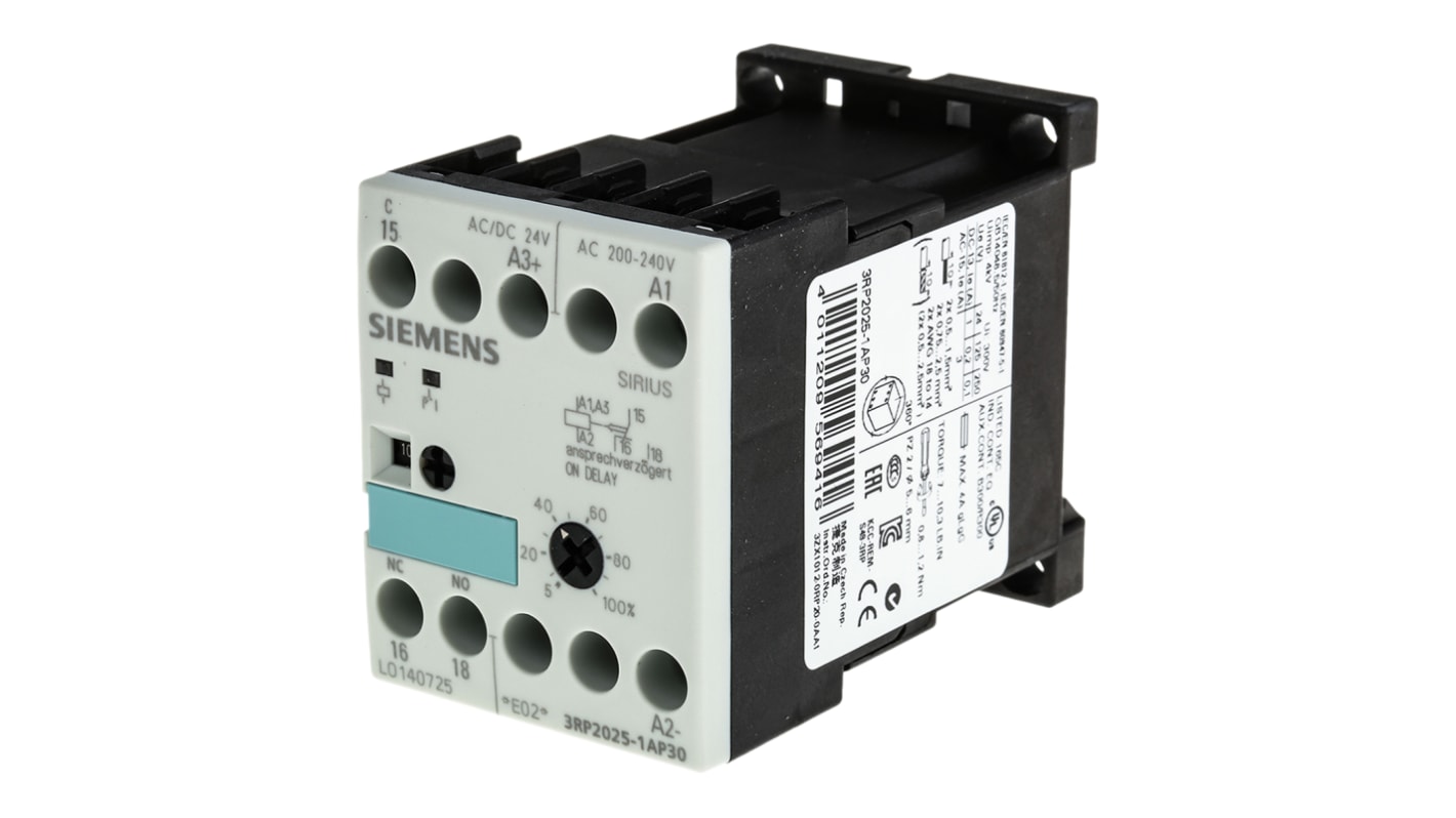 Siemens DIN Rail Mount Timer Relay, 110 → 240 V ac, 24V ac/dc, 1-Contact, 0.05 → 100 h, 0.05 → 100