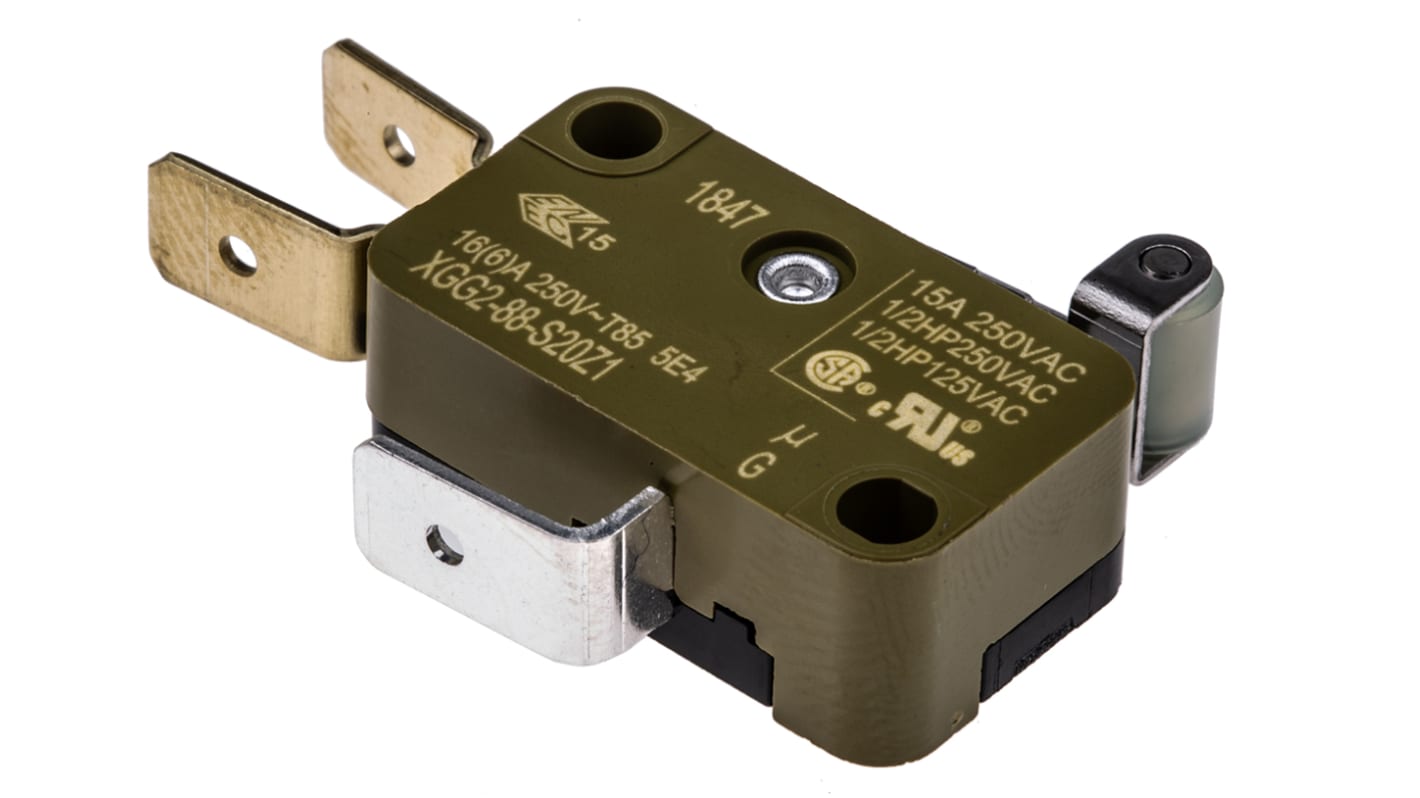 Saia-Burgess Roller Lever Micro Switch, Tab Terminal, 16 A @ 250 V ac, SP-CO, IP40 Saia-Burgess Roller Lever Micro Switch, Tab Terminal, 16 A @ 250 V ac, SP-CO, IP40