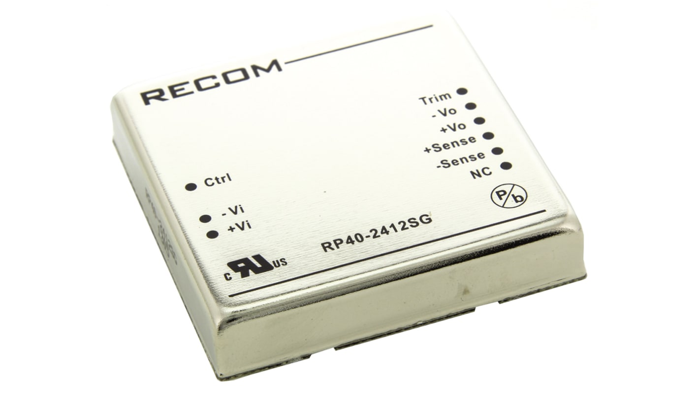 Recom RP40 G DC-DC Converter, 12V dc/ 3.33A Output, 18 → 36 V dc Input, 40W, Through Hole, +85°C Max Temp -40°C