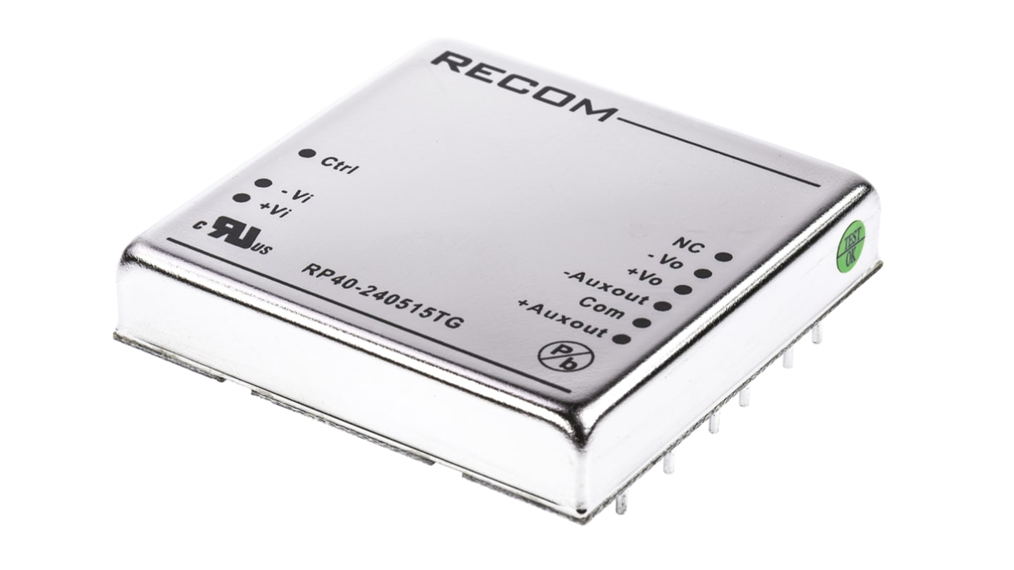 Recom RP40 G DC-DC Converter, 5V dc/ 6 A, ±300mA Output, 18 → 36 V dc Input, 40W, Through Hole, +85°C Max Temp