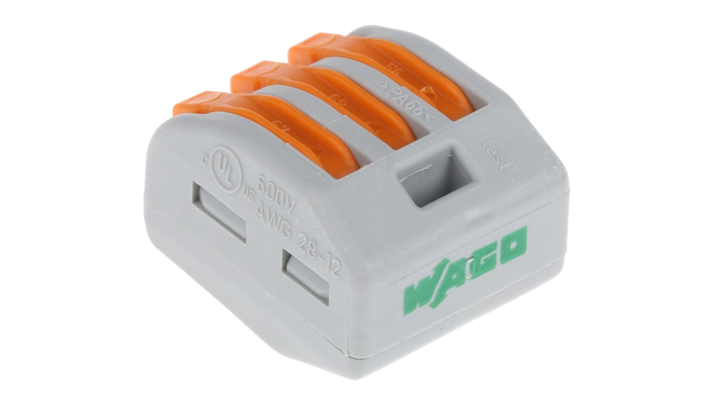 WAGO 222 Series Lever Connector, 3-Way, 32A, 28 → 12 AWG Wire, Cage Clamp Termination