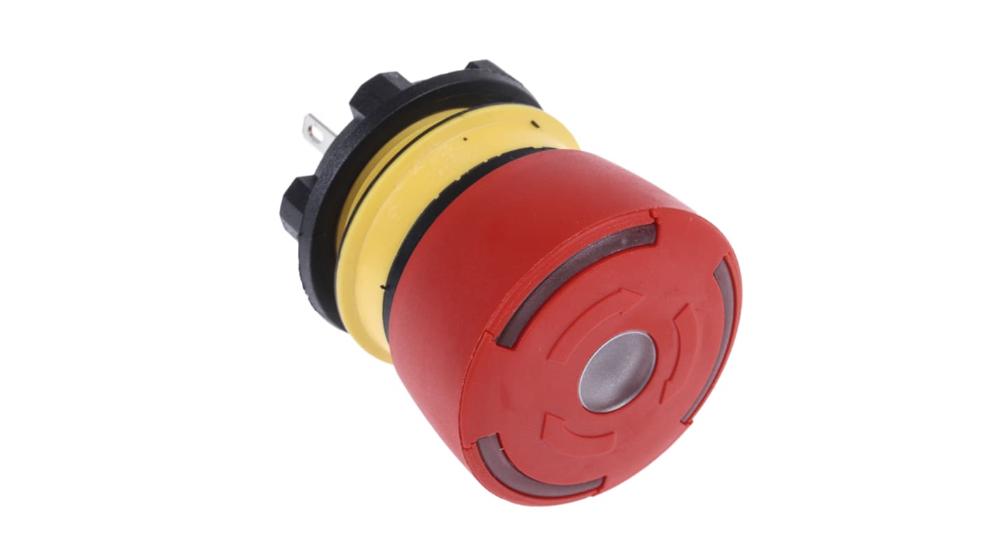 EAO Φ22.5mm带灯急停按钮, 面板安装, 单刀双掷触点, 240V ac, 250V 直流, IP65, 扭曲释放, 红色