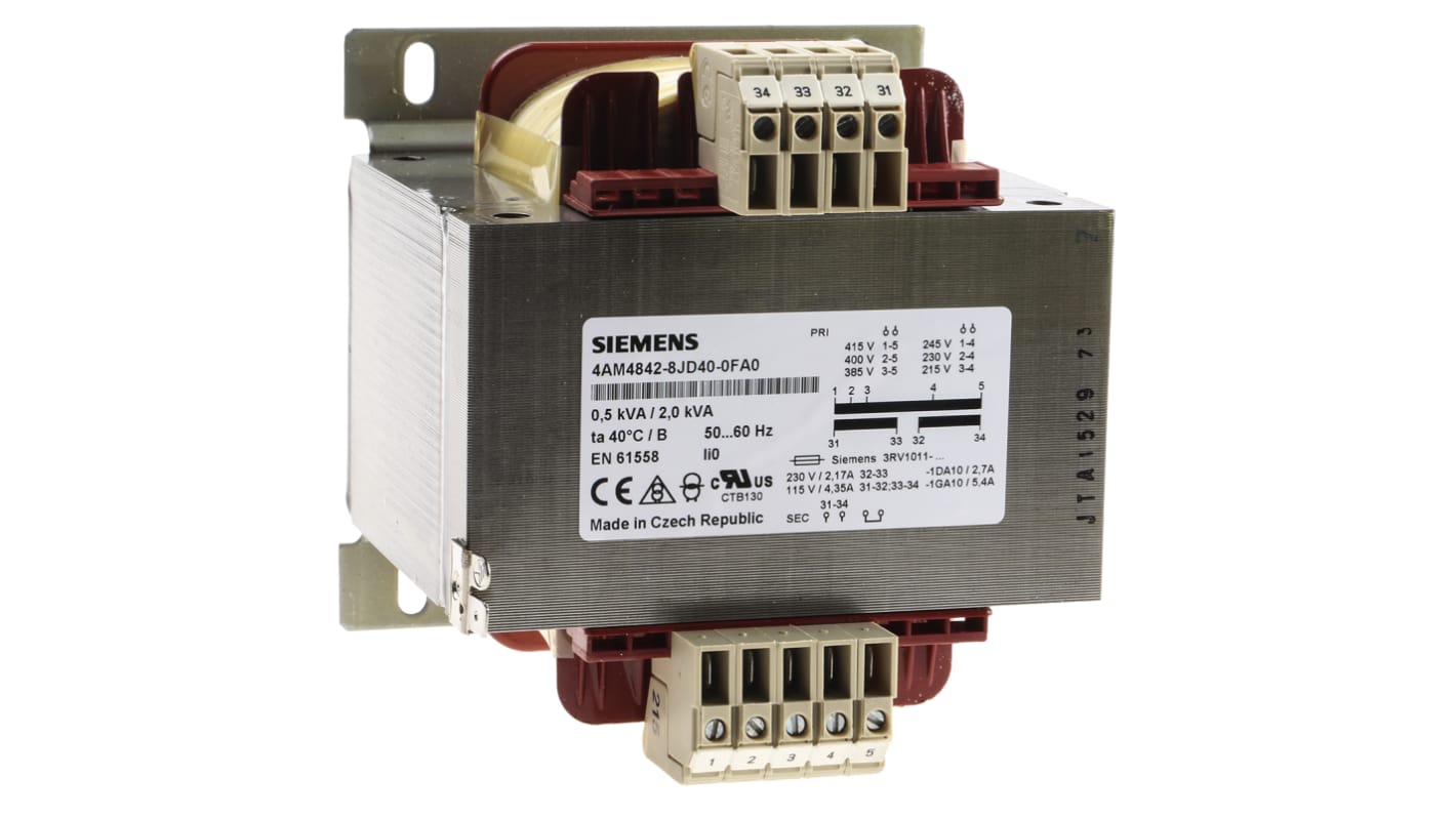 4AM48428JD400FA0 Siemens 0.5kVA DIN Rail Transformer, CE, 230V ac