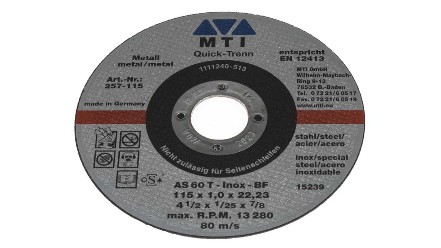 MTI Aluminium Oxide Cutting Disc, 115mm x 1mm Thick, 1 in pack