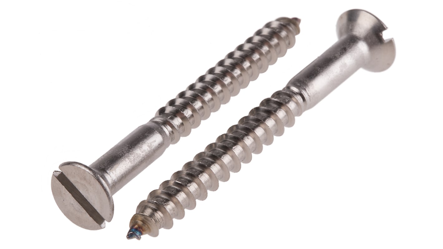RS PRO Slot Countersunk Stainless Steel Wood Screw, A2 304, No. 10 Thread, 50mm Length
