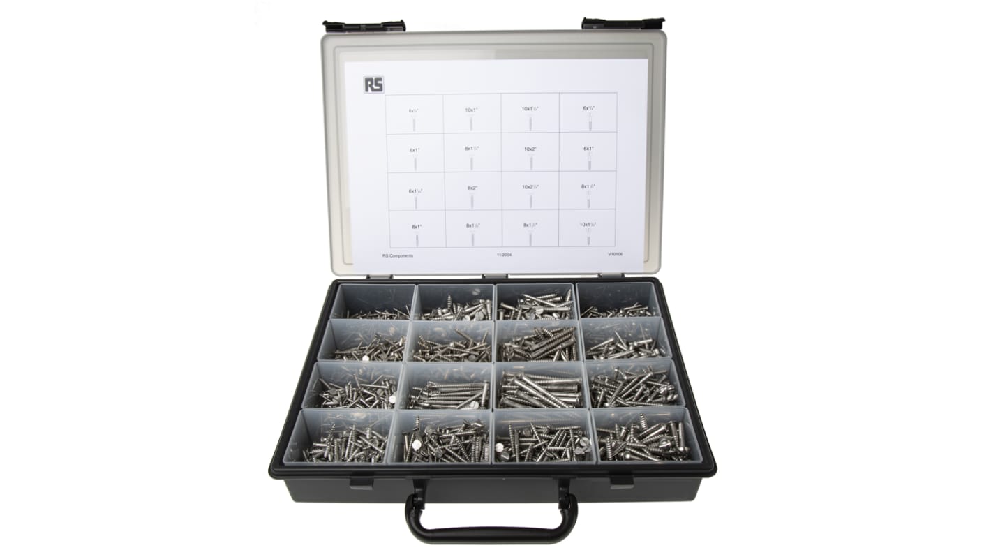 RS PRO Stainless Steel 1250 Piece Pozidriv, Slot Drive Screw/Bolt Kit