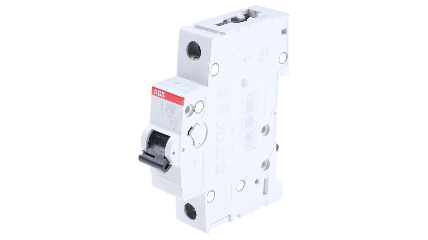 ABB C型MCB, 1极, 6 kA分断, 10A, 253VAC, 72VDC, S200系列 S201-C10