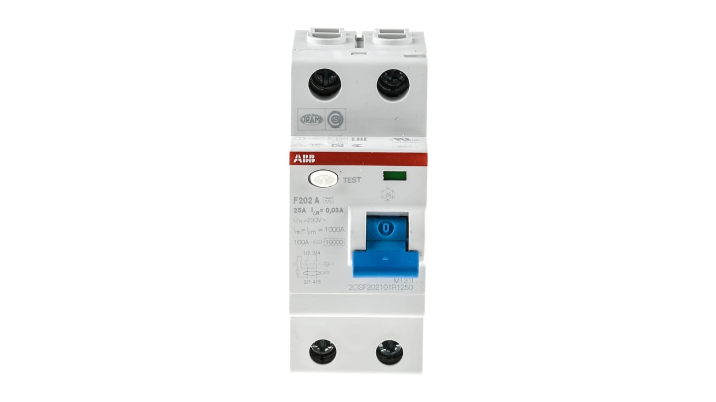 ABB F200 RCCB, 25A, 2 Pole, 30mA, Type A, 230V ac