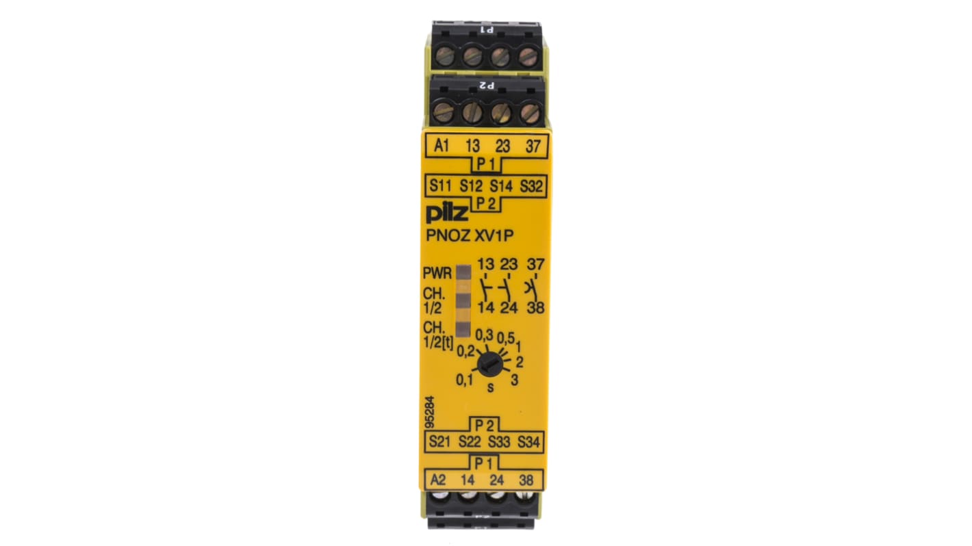 Pilz PNOZ XV1P Emergency Stop Safety Relay, 24V dc, Single/Dual-Channel, 2 Safety Contacts