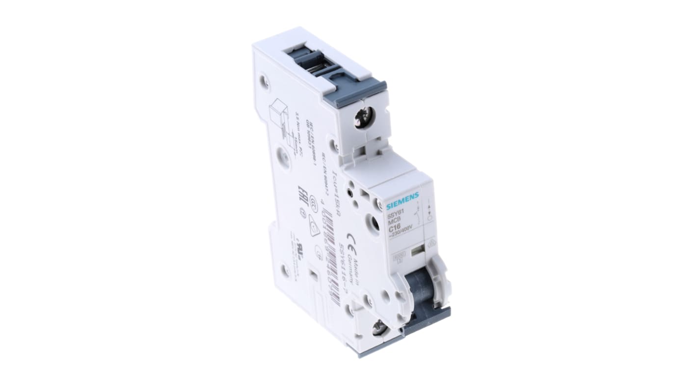 Siemens C型MCB, 1极, 6 kA分断, 16A, 230VAC, 72VDC, 5SY6系列