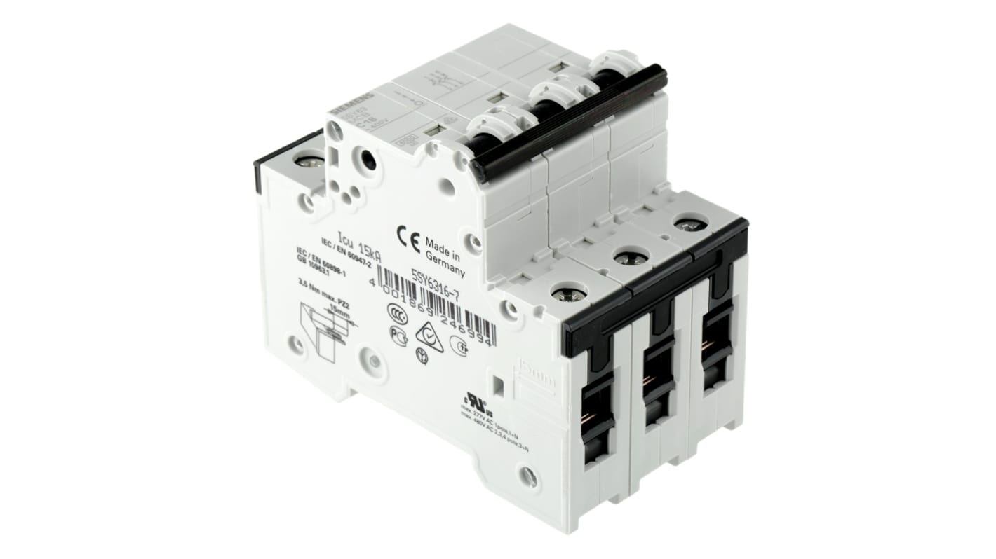 Siemens Sentron 5SY6 MCB, 3P, 16A Curve C, 400V AC, 72V DC, 6 kA Breaking Capacity