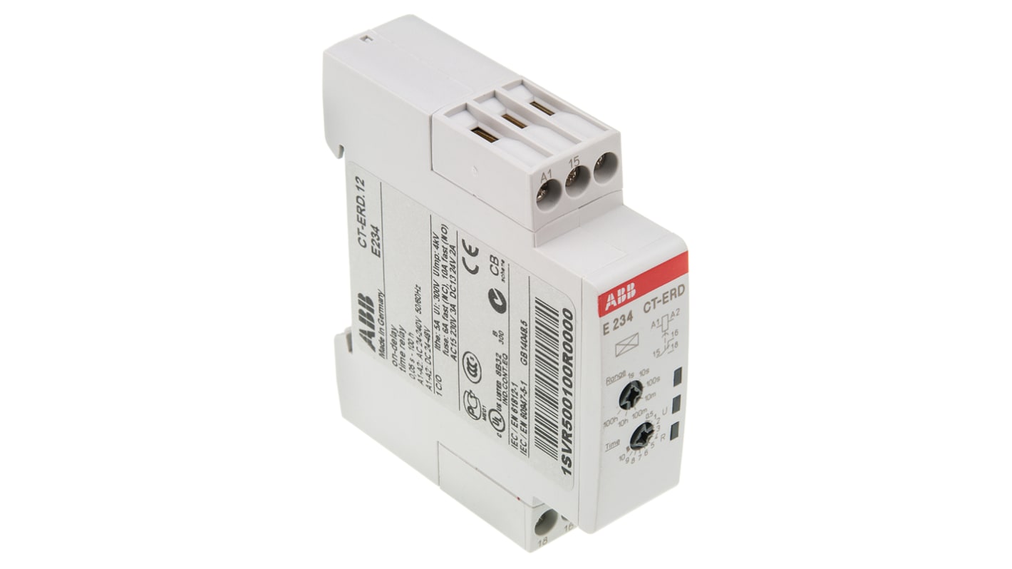 ABB 1SVR Series DIN Rail Mount Timer Relay, 24 → 240 V ac, 24 → 48V dc, 1-Contact, 0.05 s → 100h,