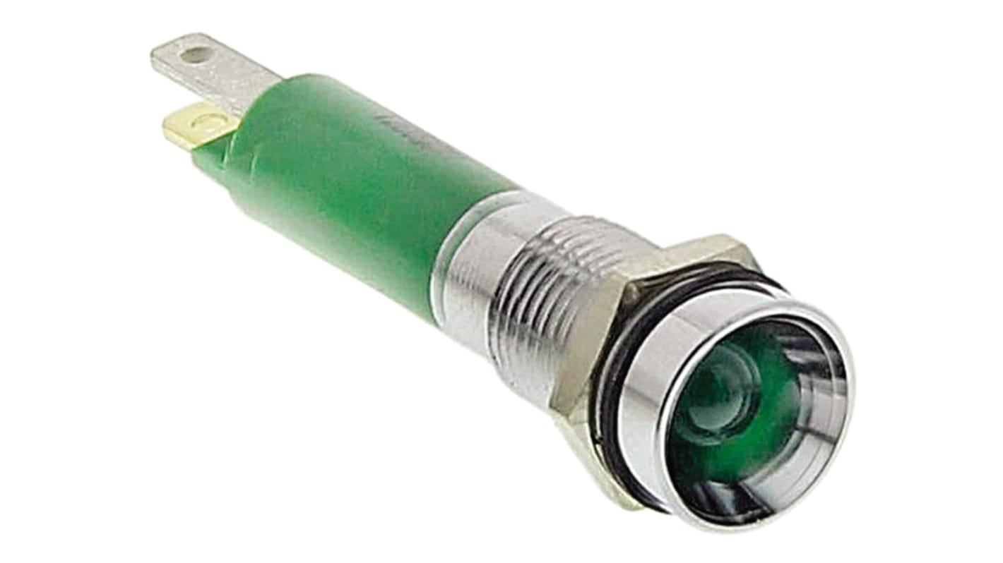 CML Innovative Technologies 绿色LED面板指示灯, 24V, 18mA, Φ8mm安装孔, 焊片端接, 凹入式边框, 铬色边框, IP67
