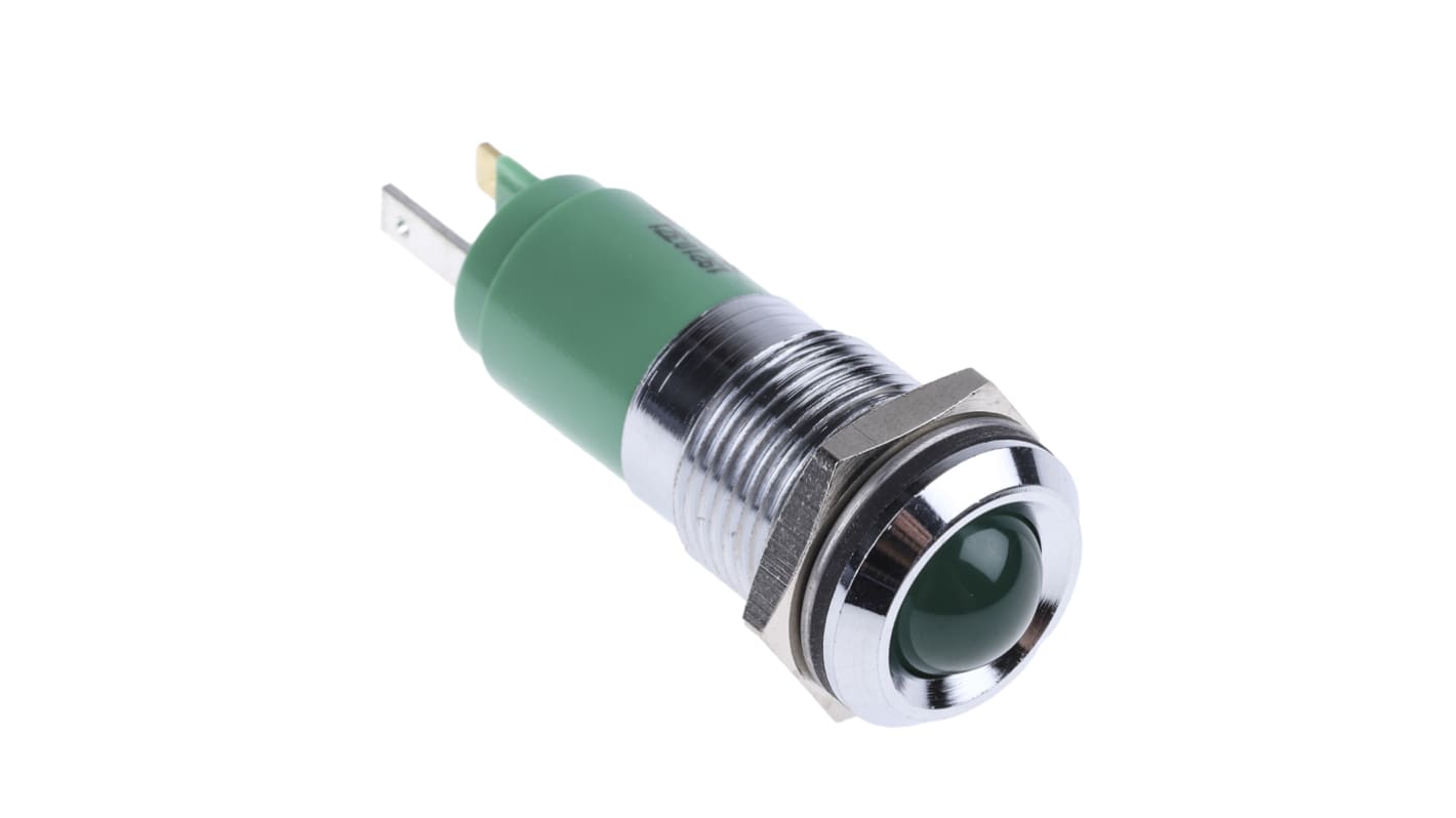 CML Innovative Technologies 绿色LED面板指示灯, 24V, 20mA, Φ14mm安装孔, 焊片端接, 凸型边框, 铬色边框, IP67