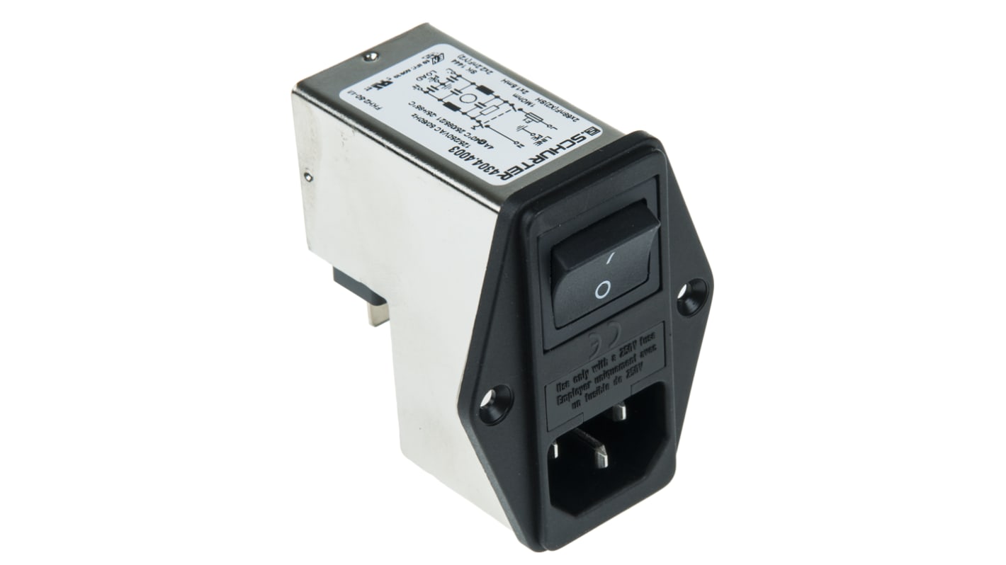 Schurter IEC規格 C14 IECフィルタコネクタ, 4A 250 V ac パネルマウント