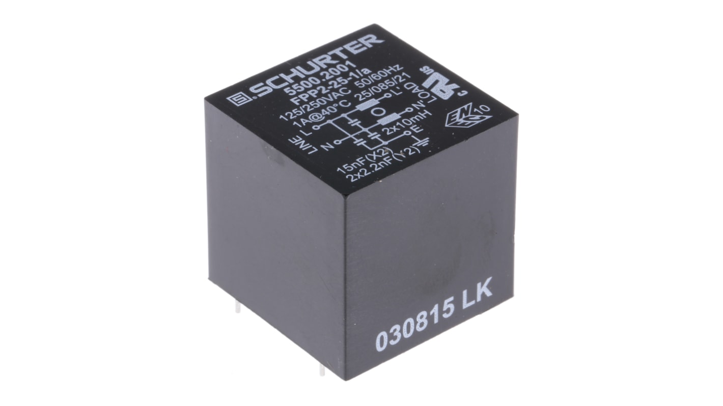 Schurter 单相RFI滤波器, 1A, 250 V 交流, 60Hz, 通孔安装, 引脚接端, 一阶, FPP2系列