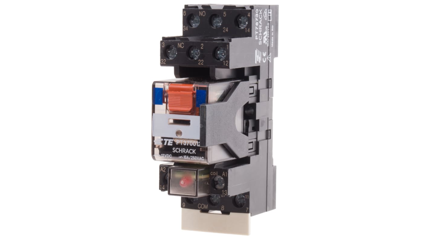 TE Connectivity DIN Rail Power Relay, 12V dc Coil, 10A Switching Current, 3PDT