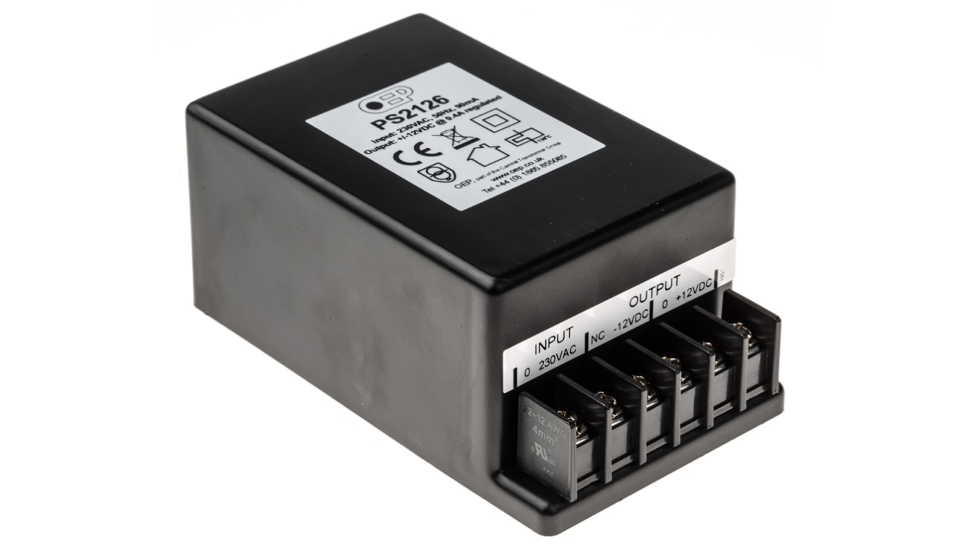 OEP Encapsulated Linear Power Supply, 207 → 253V ac Input, ±12V dc Output, 400mA Output, 9.6W