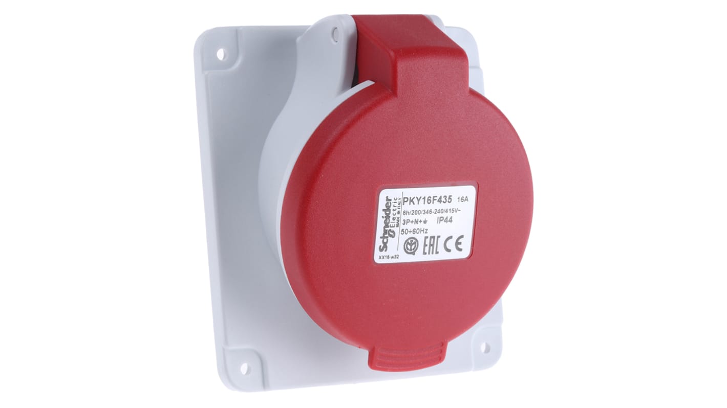 Schneider Electric, PratiKa IP44 Red Panel Mount 3P + N + E Right Angle Industrial Power Socket, Rated At 16A, 415 V