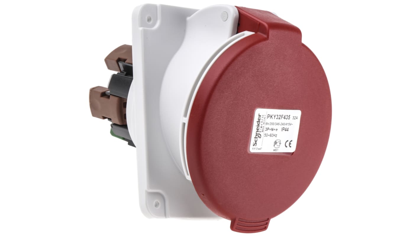 Schneider Electric, PratiKa IP44 Red Panel Mount 3P + N + E Right Angle Industrial Power Socket, Rated At 32A, 415 V