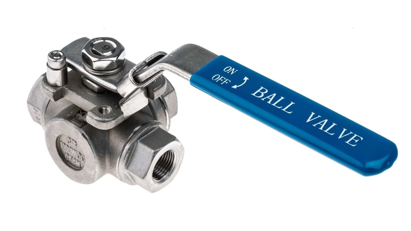 RS PRO Stainless Steel L Port, 3 Way, Ball Valve, BSPP 3/8in, 68bar Operating Pressure