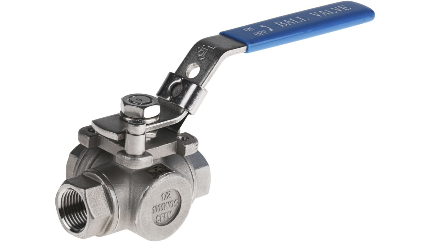 RS PRO Stainless Steel L Port, 3 Way, Ball Valve, Threaded, BSPP 1/2in, 68bar Operating Pressure