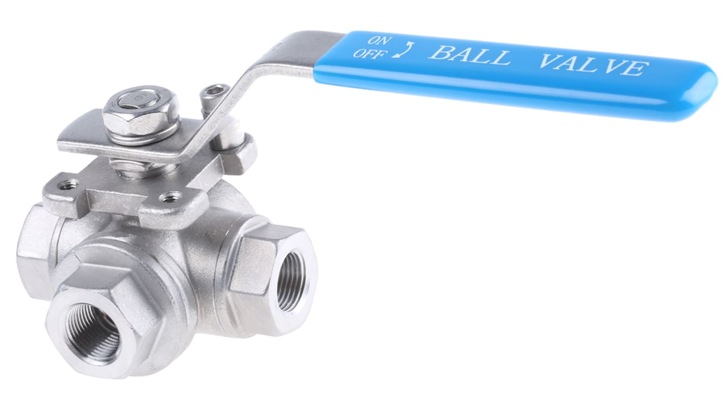 RS PRO Stainless Steel T Port, 3 Way, Ball Valve, BSPP 3/8in, 68bar Operating Pressure