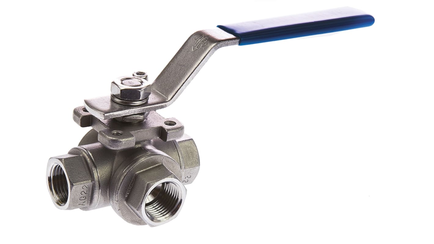 RS PRO Stainless Steel T Port 3 Way Ball Valve Threaded BSPP 1 2in 68bar Operating Pressure RS