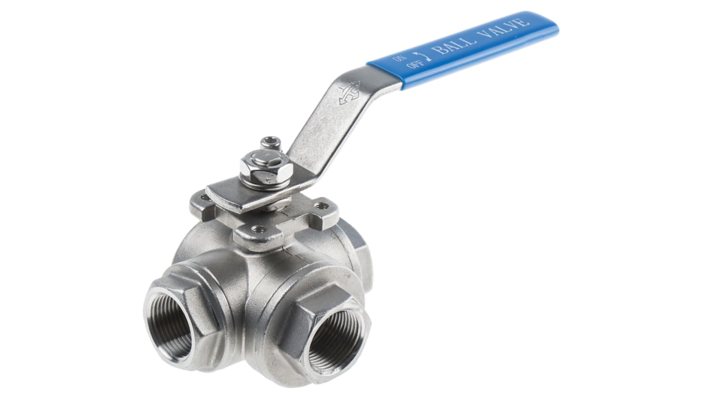RS PRO Stainless Steel T Port, 3 Way, Ball Valve, BSPP 3/4in, 68bar Operating Pressure