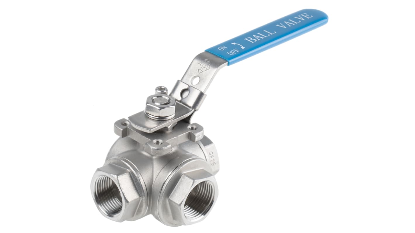 RS PRO Stainless Steel T Port, 3 Way, Ball Valve, BSPP 1in, 68bar Operating Pressure