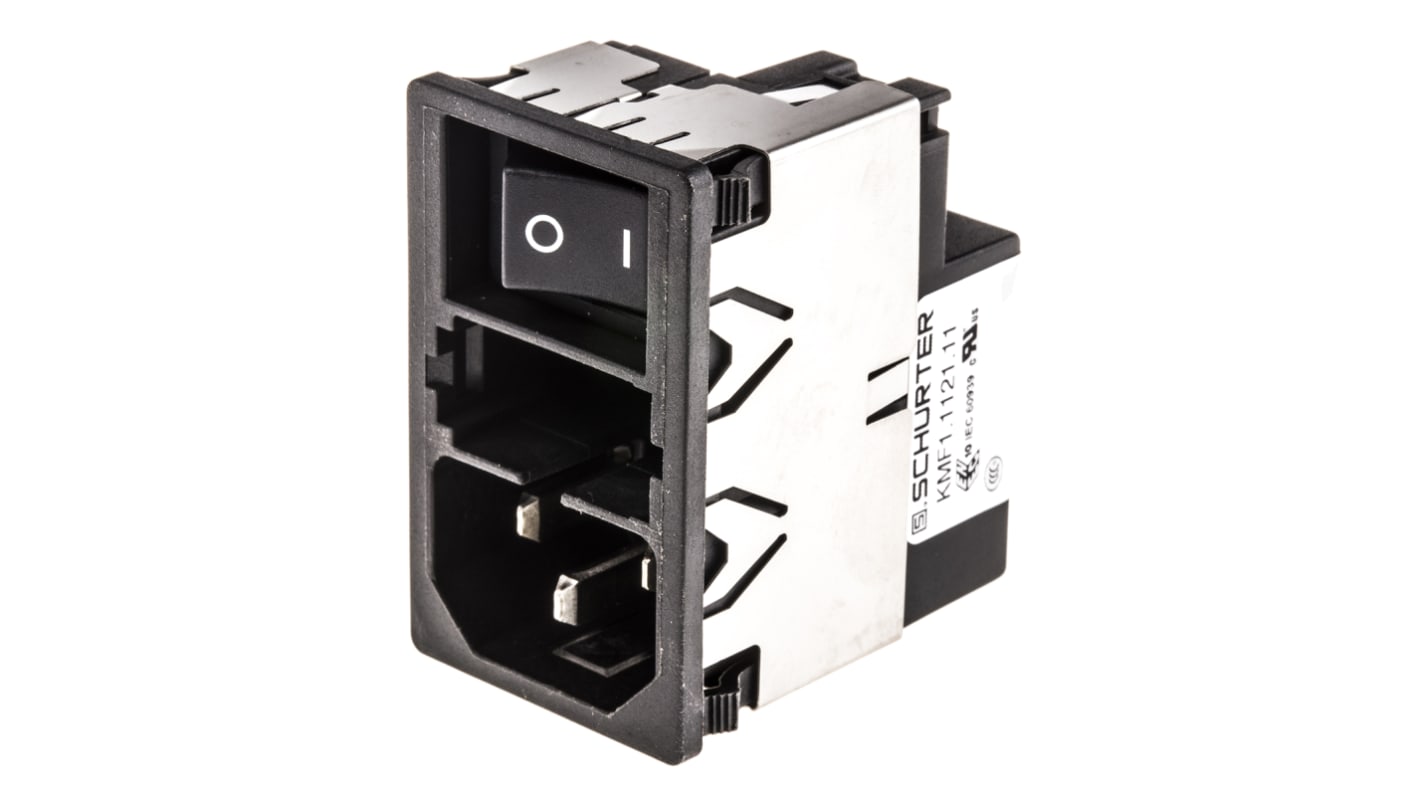Schurter 2A, 250 V ac Male Snap-In Filtered IEC Connector 2 Pole KMF1.1121.11, Solder 2 Fuse