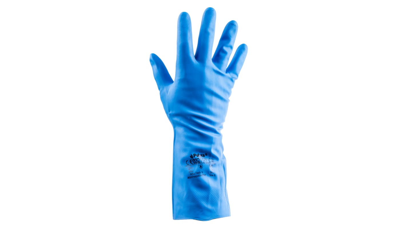 Polyco Healthline Blue Nitrile Chemical Resistant Work Gloves, Size 8, Nitrile Coating