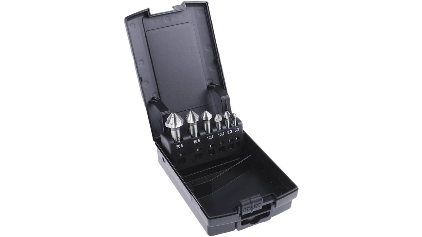 EXACT 90°高速钢锪钻套件, Φ6.3 mm, 8.3 mm, 10.4 mm, 12.4 mm, 16.5 mm, 20.5 mm头, 3刃