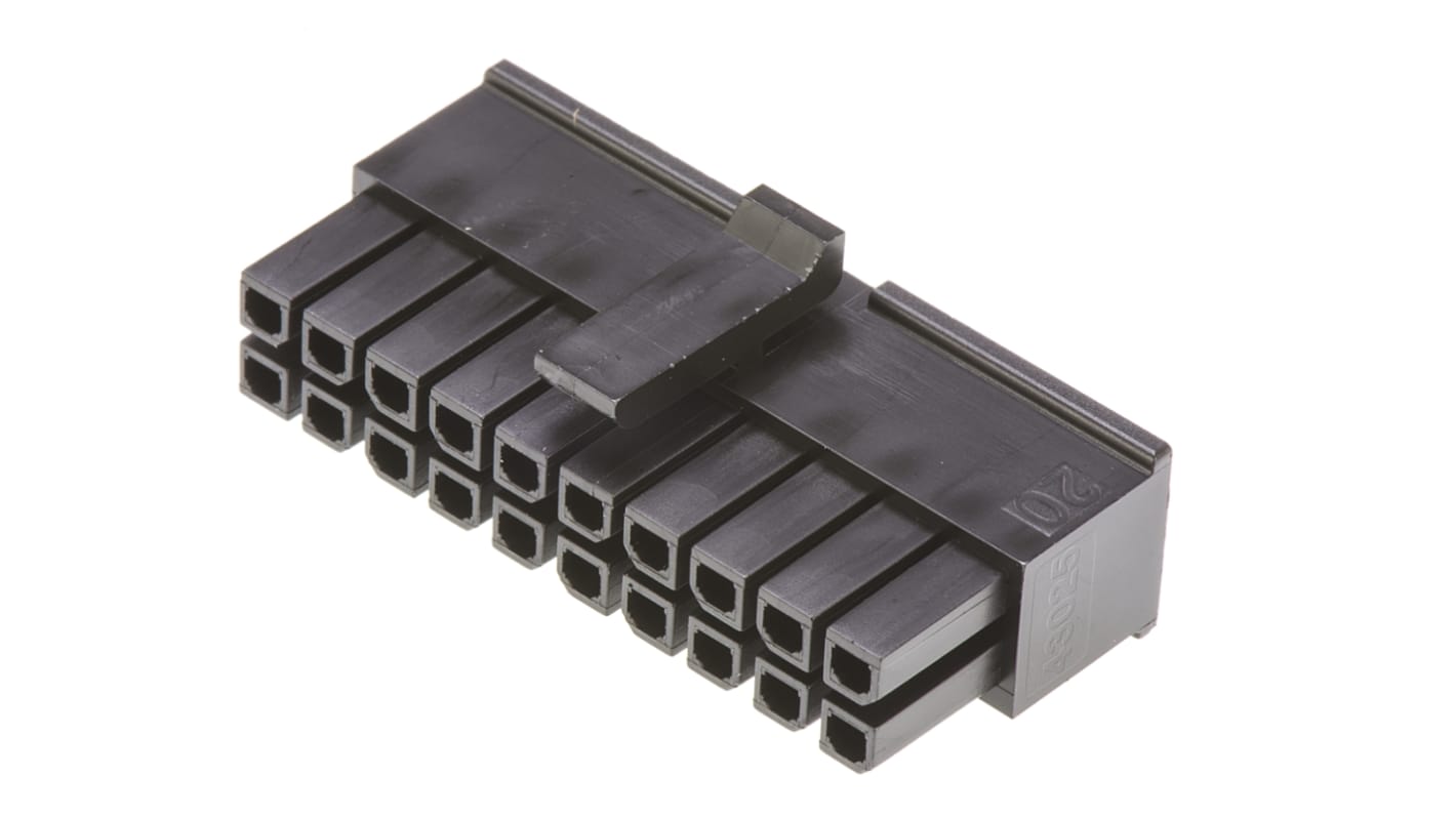 Carcasa de conector Molex 43025-2000, Serie Micro-Fit 3.0, paso: 3mm, 20 contactos, 2 filas, Recto, Hembra, Montaje de