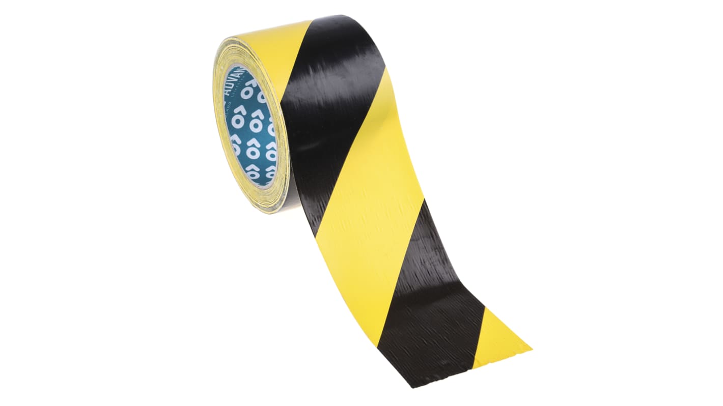 Advance Tapes AT8 Black/Yellow PVC 33m Hazard Tape, 0.14mm Thickness