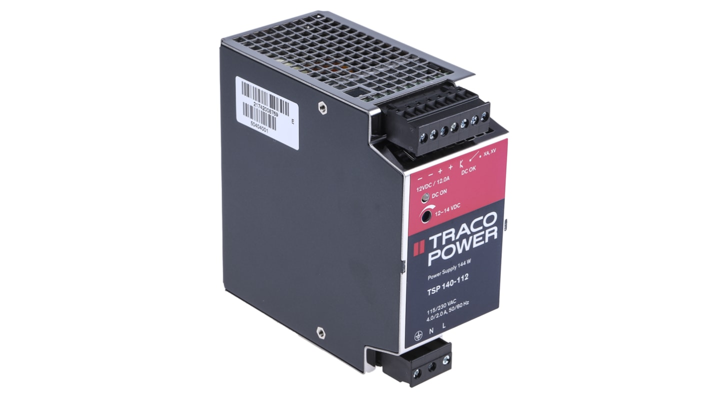 TRACOPOWER TSP Switched Mode DIN Rail Power Supply, 85 → 264V ac ac Input, 12V dc dc Output, 12A Output, 144W