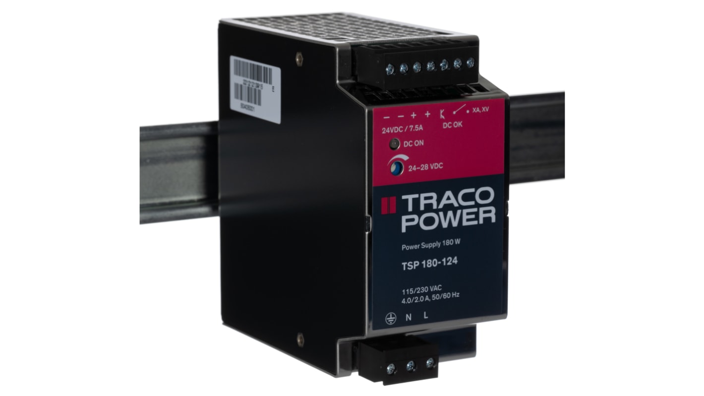 TRACOPOWER TSP Switched Mode DIN Rail Power Supply, 85 → 264V ac ac Input, 24V dc dc Output, 7.5A Output, 180W