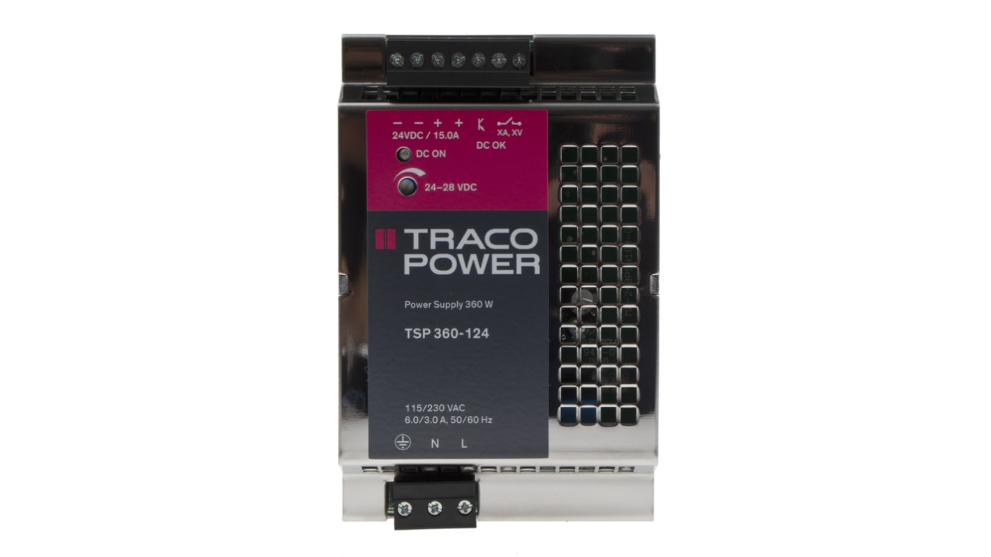 TRACOPOWER TSP Switched Mode DIN Rail Power Supply, 85 → 264V ac ac Input, 24V dc dc Output, 15A Output, 360W