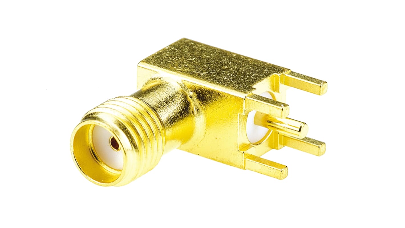 TE Connectivity, Jack PCB Mount SMA Connector, 50Ω, Solder Termination, Right Angle Body