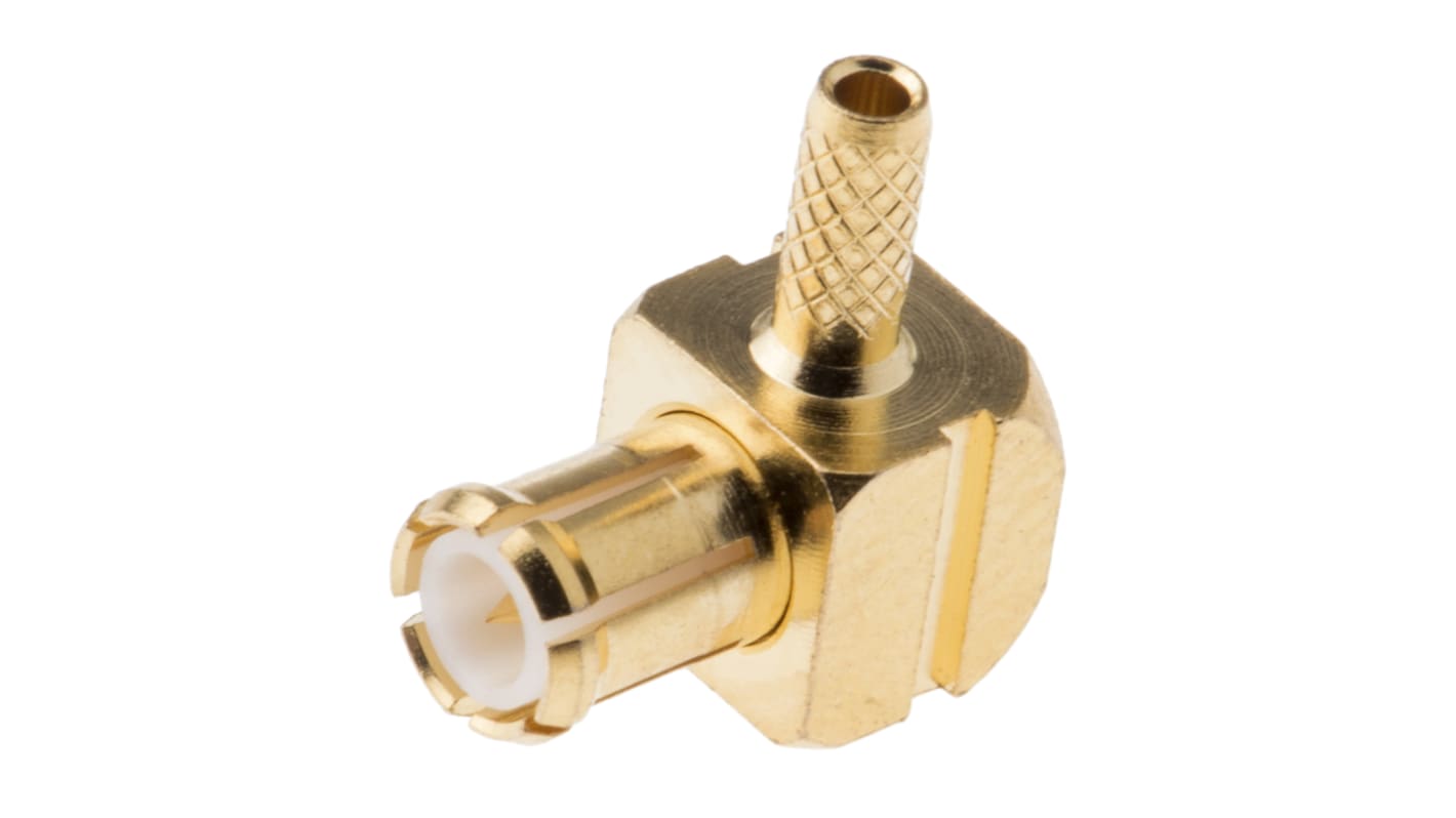 TE Connectivity Right Angle Cable Mount MCX Connector Plug, 50Ω Impedance, Crimp, Solder Termination, 0 → 6GHz