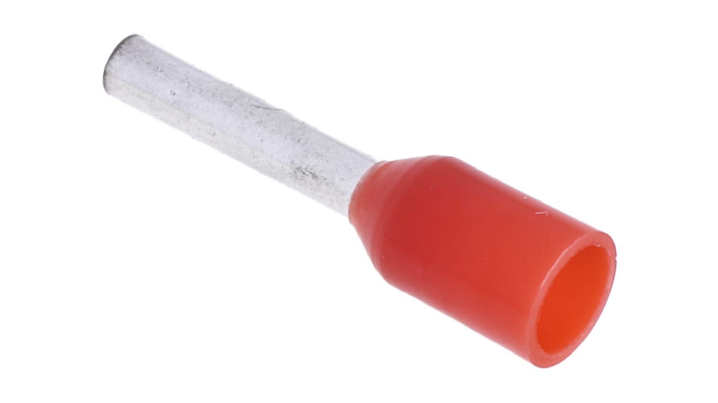 RS PRO Insulated Crimp Bootlace Ferrule, 8mm Pin Length, 1.4mm Pin Diameter, 1mm² Wire Size, Red