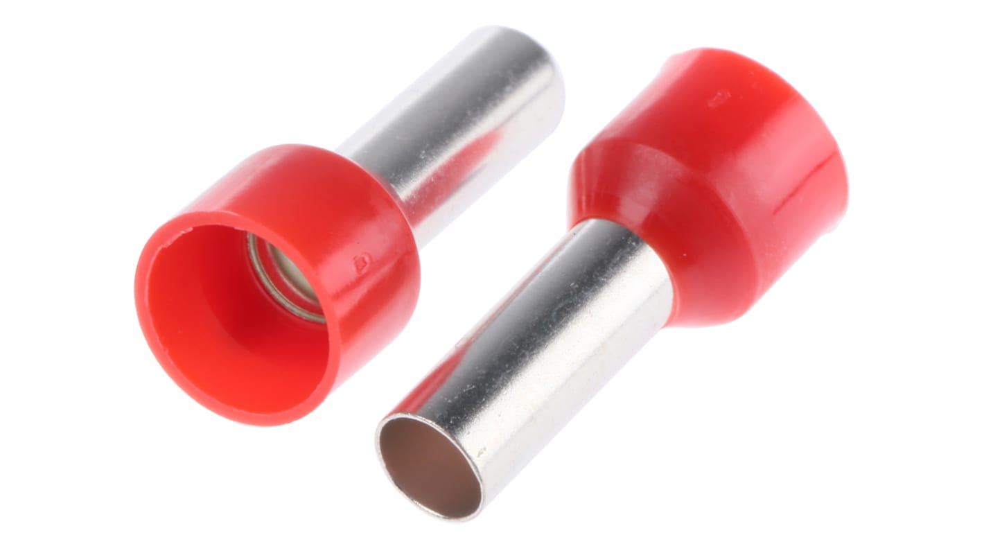 RS PRO Insulated Crimp Bootlace Ferrule, 12mm Pin Length, 4.5mm Pin Diameter, 10mm² Wire Size, Red