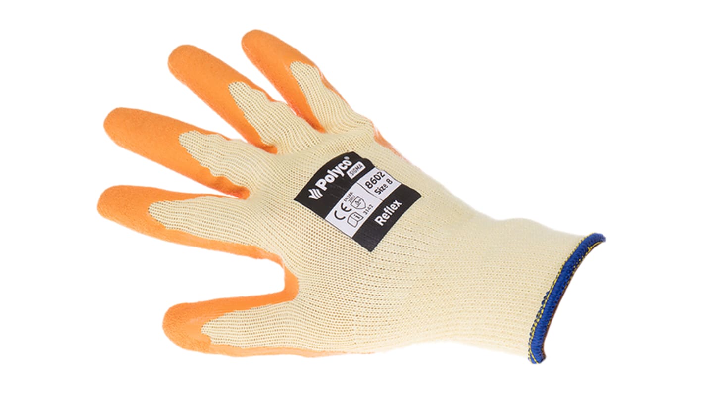 Polyco Healthline Reflex Yellow Latex General Purpose Work Gloves, Size 8, Latex Coating