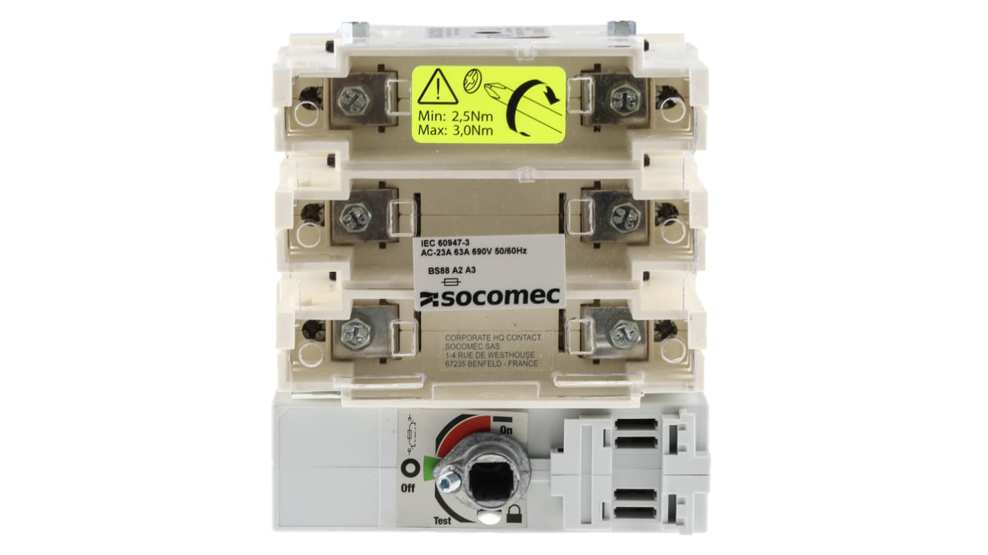 Socomec 10A熔断器式隔离开关, 3极, 最大63A, 3相, A2、A3熔断器