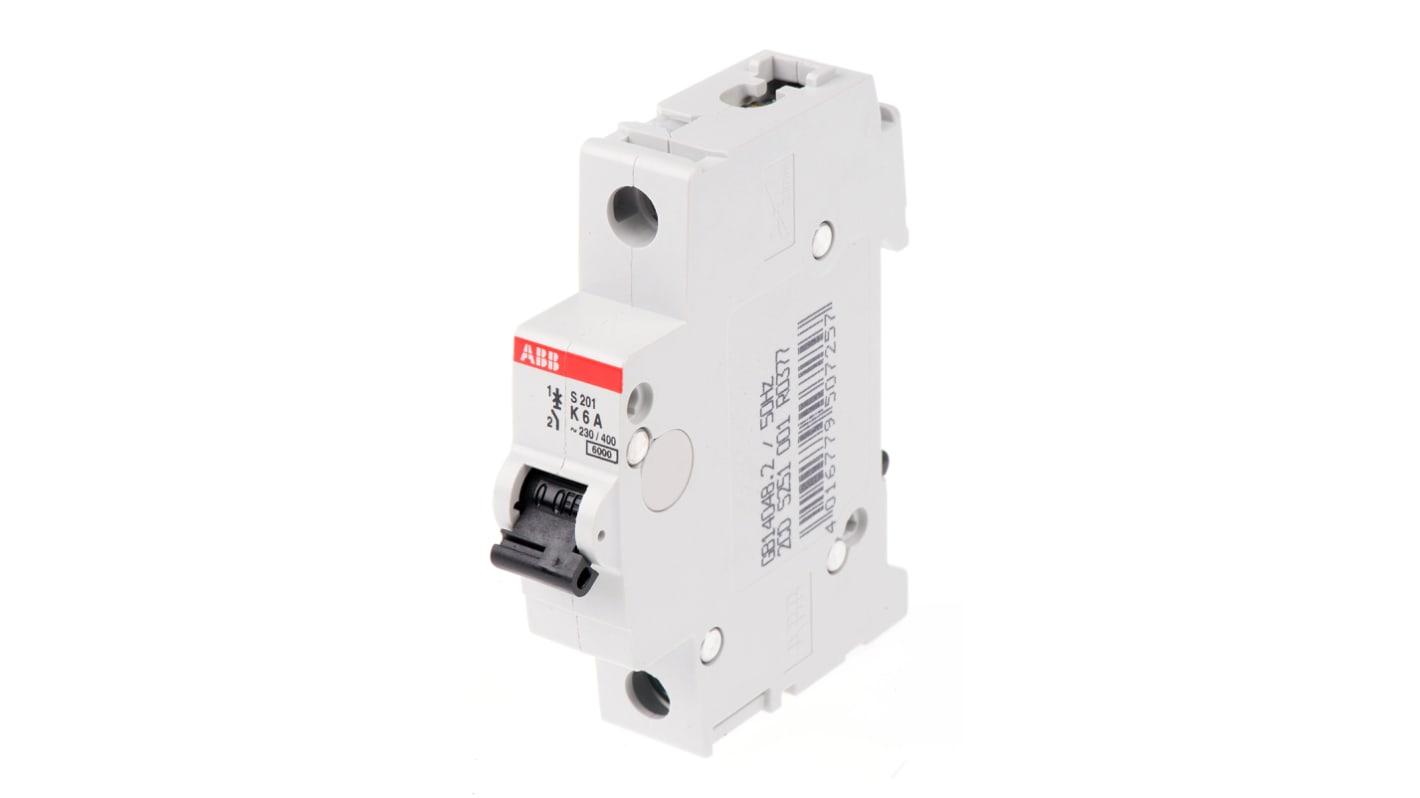 ABB System Pro M Compact S200 MCB, 1P, 6A Curve K, 253V AC, 72V DC, 6 kA Breaking Capacity
