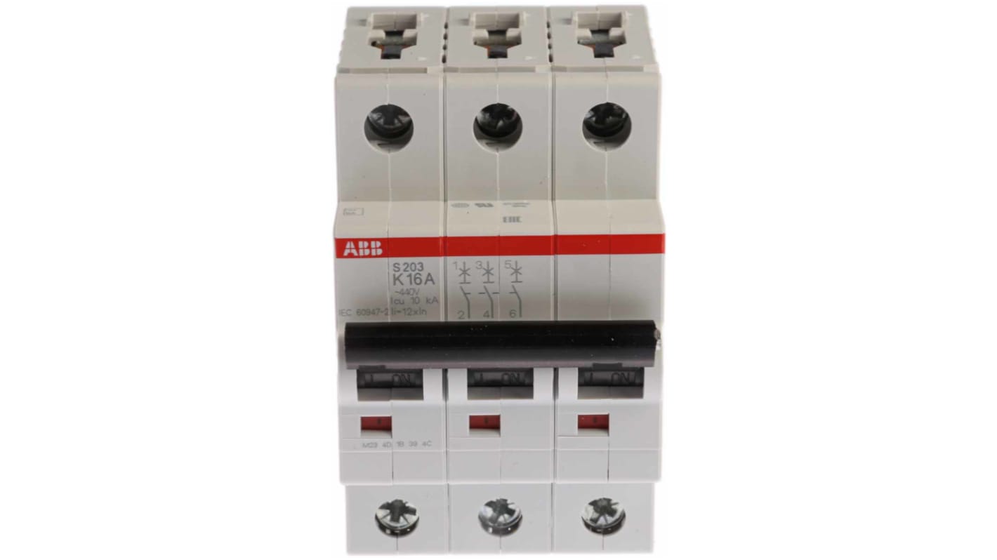 ABB System Pro M Compact S200 MCB, 3P, 16A Curve K, 440V AC, 20 kA Breaking Capacity