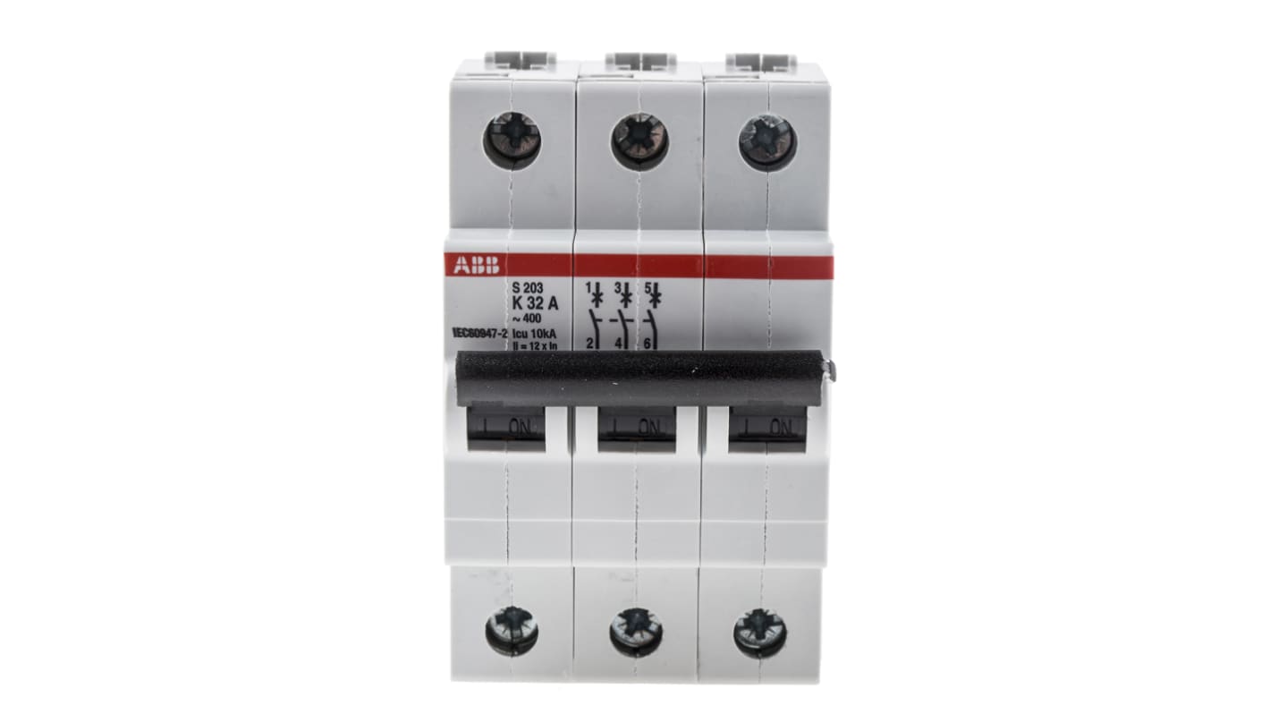 Interruptor automático 3P, 32A, Curva Tipo K, Poder de corte 6 kA S203-K32, System Pro M Compact, Montaje en Carril DIN