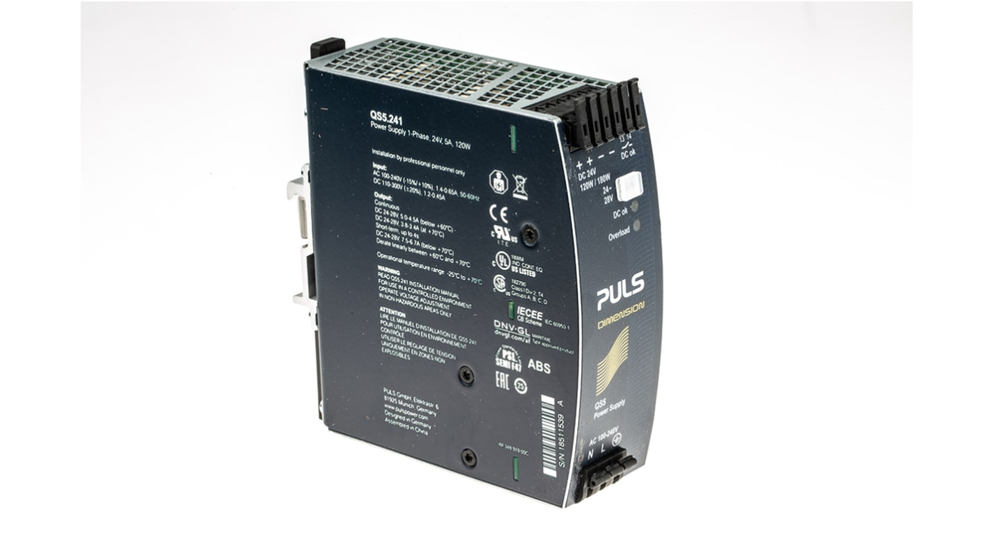 PULS 开关模式导轨电源, 24V 直流 5A输出, 120W, 100 → 240V 交流输入, 单相, DIMENSION Q系列