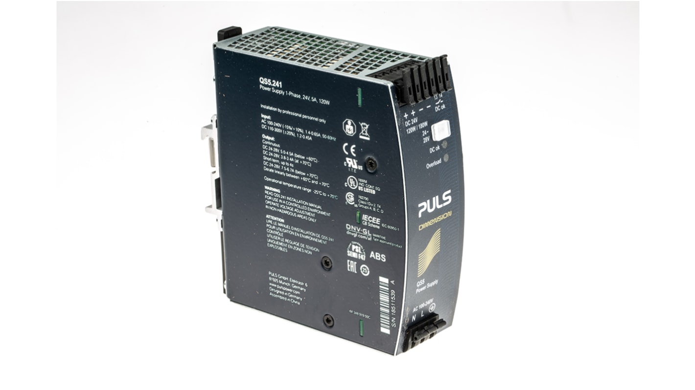 PULS DIMENSION Q Switched Mode DIN Rail Power Supply, 100 → 240V ac ac Input, 24V dc dc Output, 5A Output, 120W