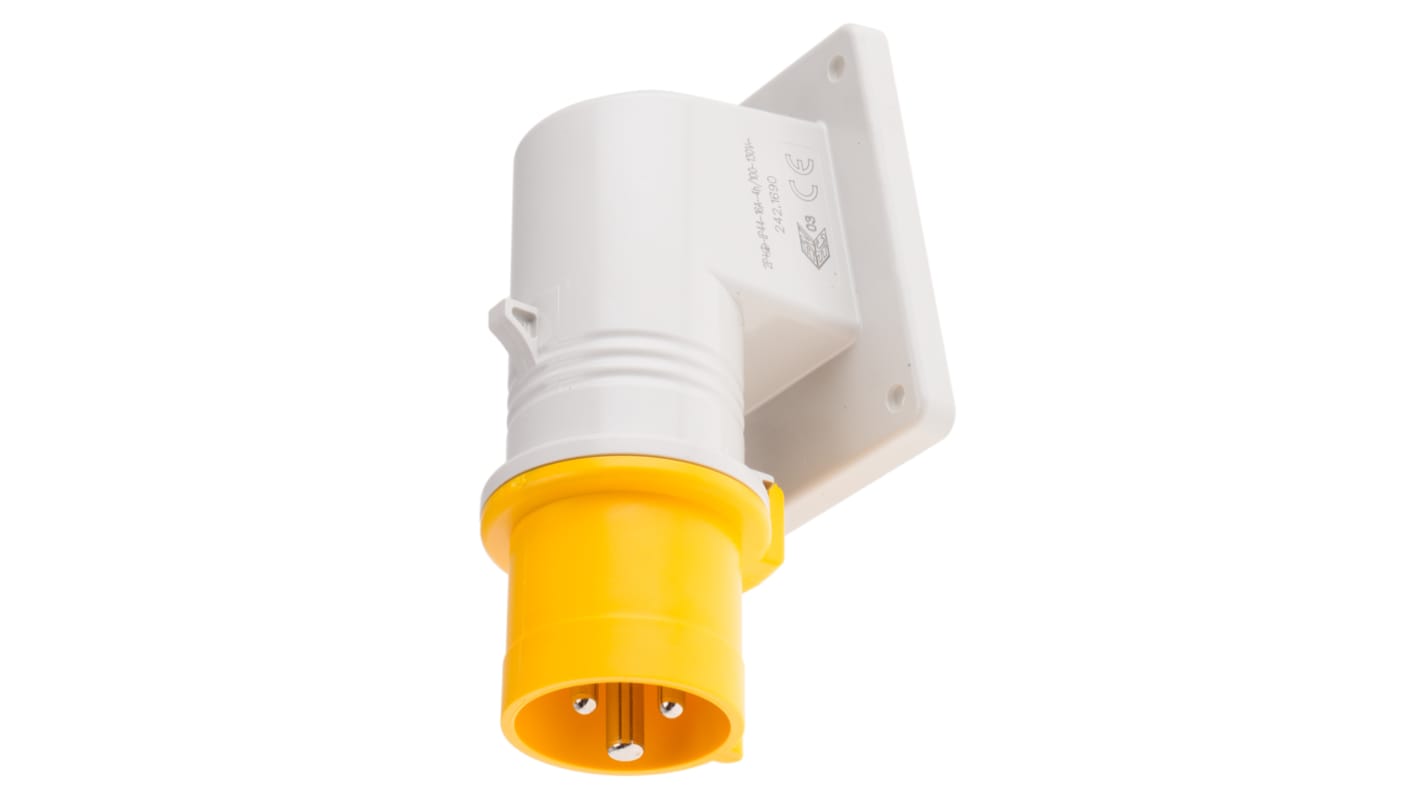 Scame IP44 Yellow Wall Mount 2P + E Right Angle Industrial Power Plug, Rated At 16A, 110 V